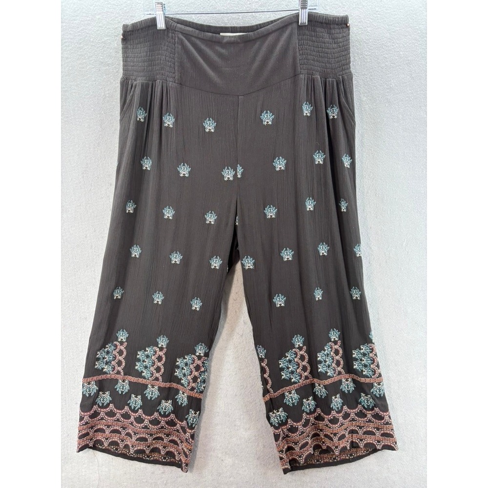 Sundance Mia Pants Women Sz XL Embroidered Wide Leg Smocked Boho Cropped Pockets - Picture 2 of 9